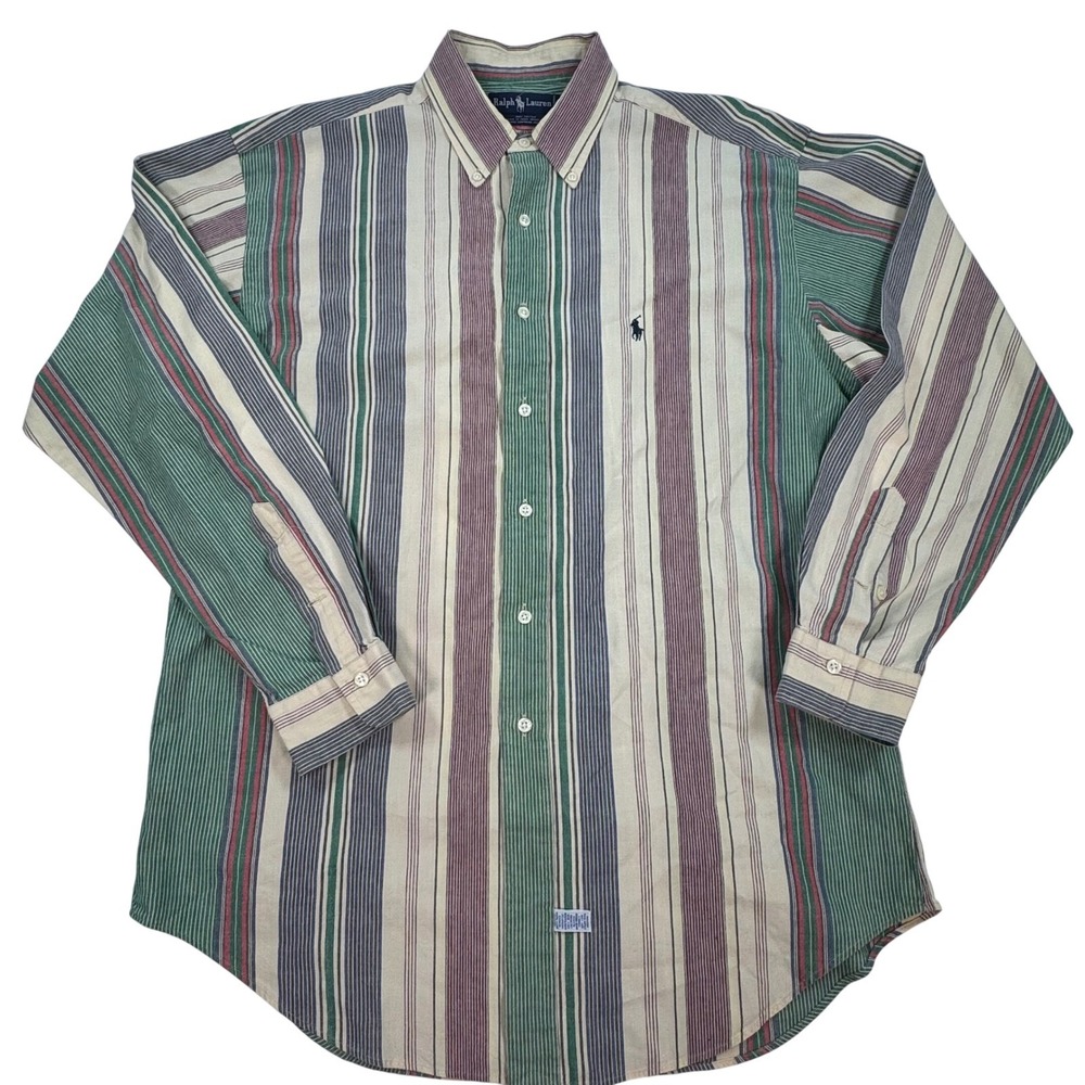 Ralph Lauren Mens M Hand Woven Cotton Striped Button Down Shirt Green Burgundy